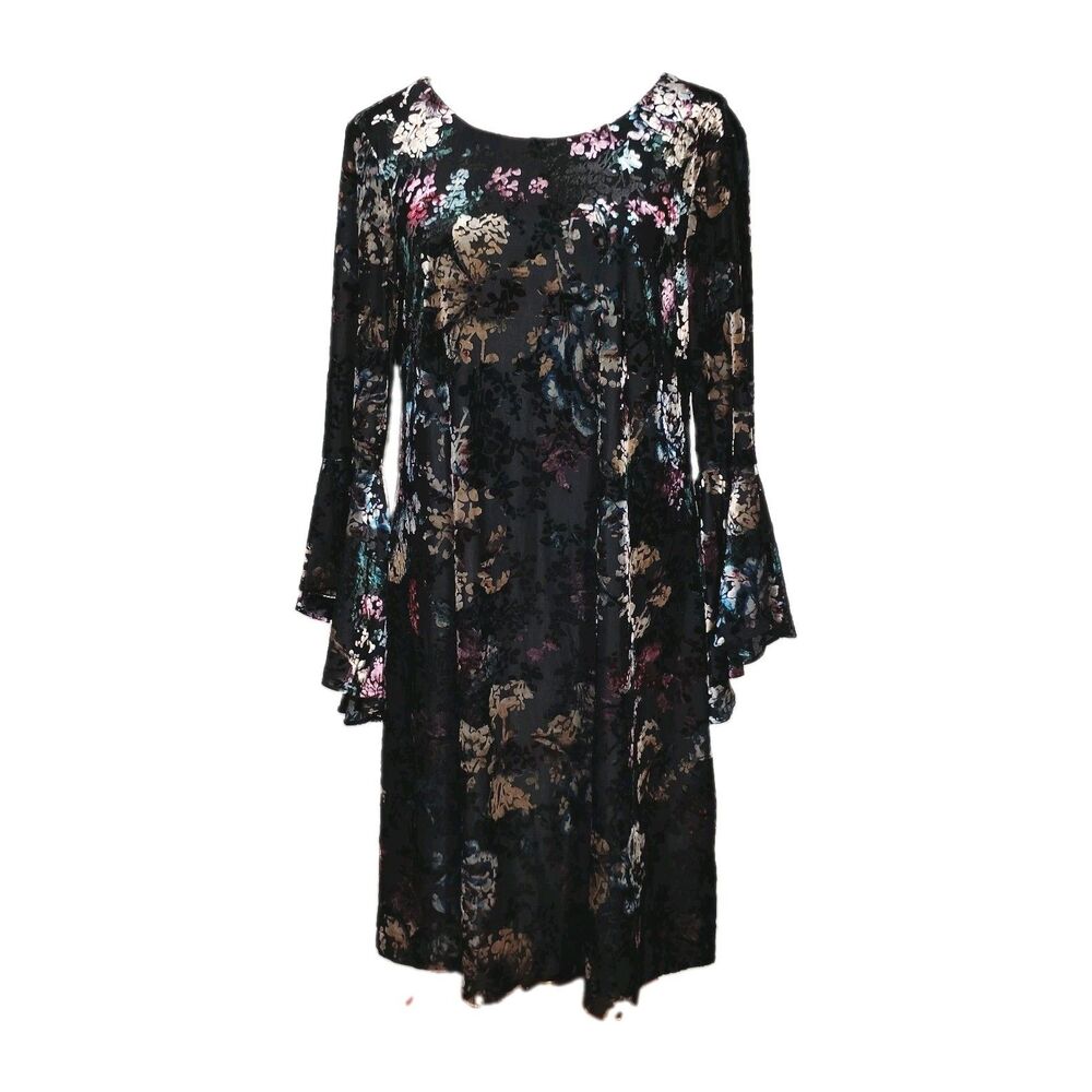 Velvet Burnout Whimsigoth Dress 8 Nine West Witchy Bell Sleeves Swing Dress